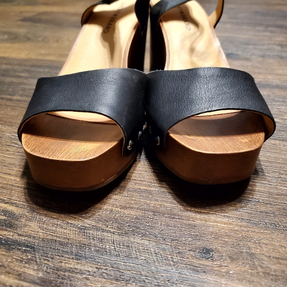 Lucky Brand 8.5/39 Open Toe Black Leather Wooden Platform Wedge Heels Za… - Picture 4 of 5